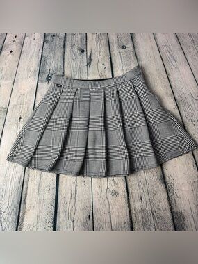 Vans Black White Micro Houndstooth Plaid Pleated Circle Skater Mini Skirt Sz 28